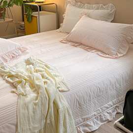 A类纯棉床盖水洗棉夹棉四季通用少女荷叶花边加厚床单三件套