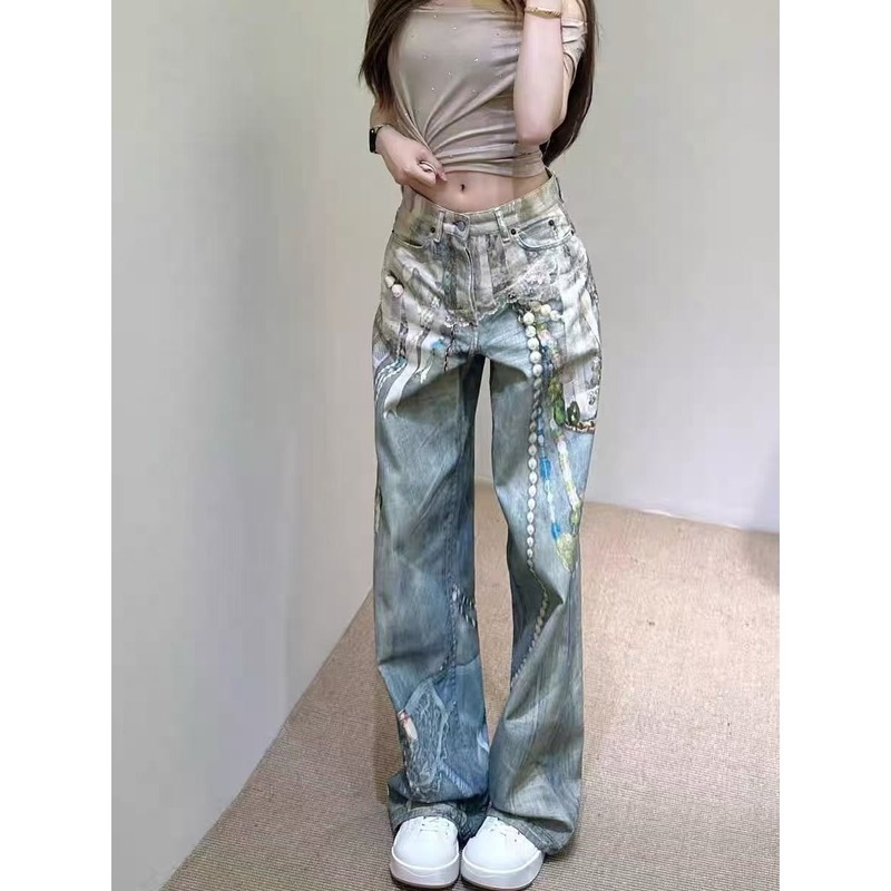 蕾丝珍珠链条3D数码立体印花牛仔阔腿裤女秋复古做旧街头个性裤子|undefined