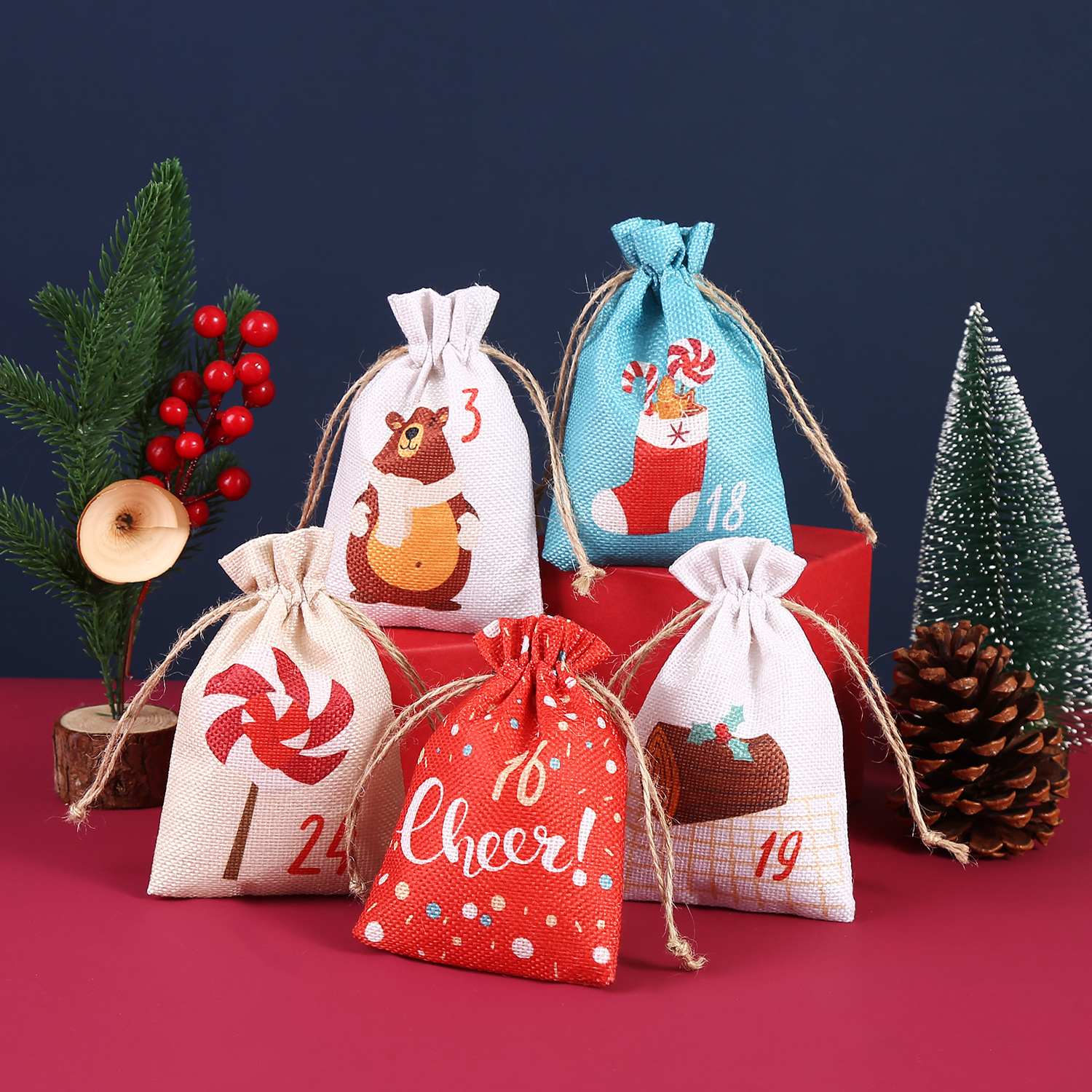 圣诞礼品袋2023跨境新款糖果礼物收纳麻布袋降临日抽绳圣诞束口袋|ms