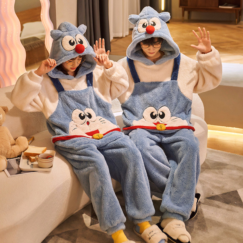 Invierno pareja pijamas de dibujos animados de las mujeres con capucha más el tamaño cálido estudiante ins estilo de una sola pieza desgaste del hogar 200kg usable
