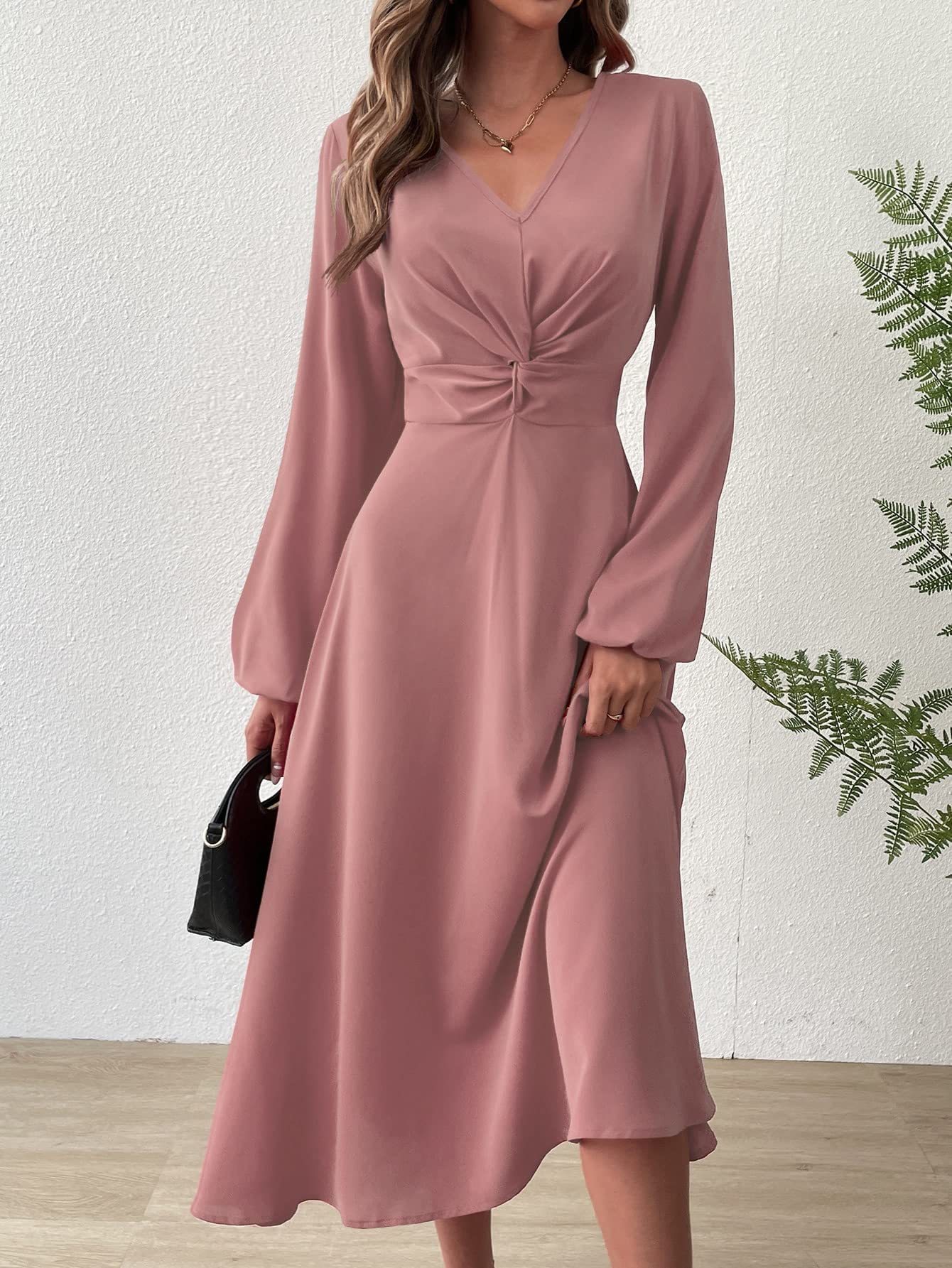 European And American Women' Spring Summer Fahion V-Neck Lantern Long Sleeve Twit Edge Elegant Mid-Length_ecoleips.com