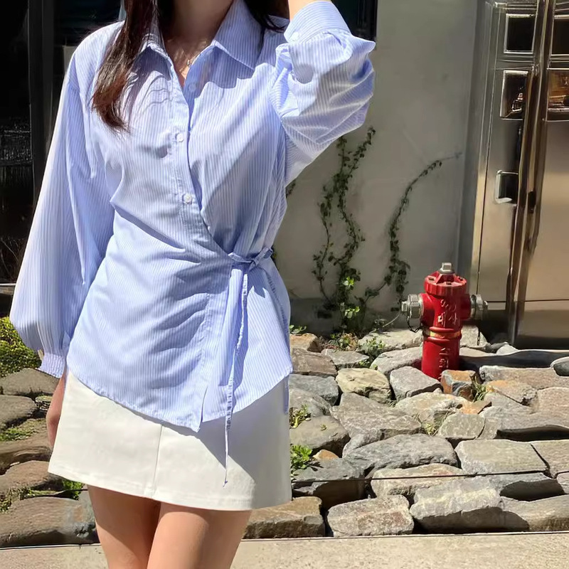 韓国chic2024春秋デザイン感が不規則で、長袖のストライプシャツと女性のシャツを身につけています。|undefined