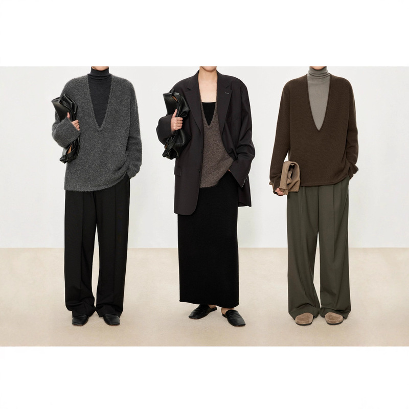 Chicjoc Museum Deep V-Neck Layered Pullover Sweater for Women, Autumn and Winter Design, Versatile Rolled Hem Deep V Sweater