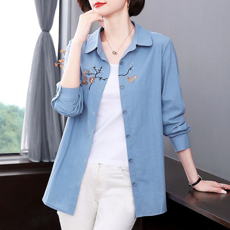 Cotton Shirt Women's 2022 Spring and Autumn New Mothers' Western Style Long Sleeve Top Large Size Mid-length Shirt Jacket