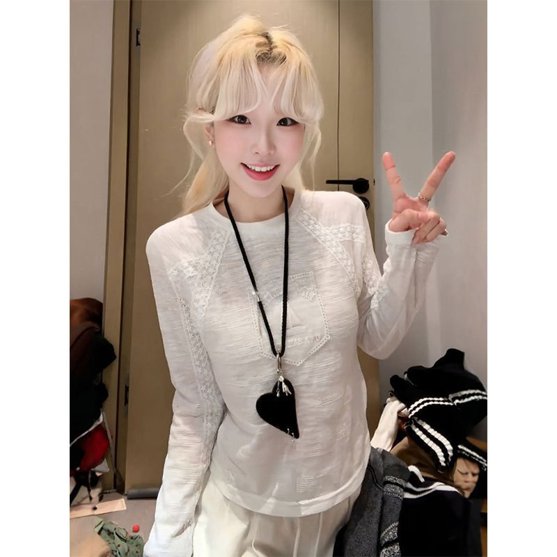 Morning Collar [Original Quality] [Jacquard Fabric] Spliced Lace Sailboat Embroidery Long Sleeve T-Shirt Round Neck Slim Fit