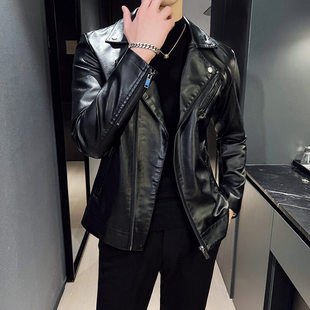 New Motorcycle Leather Men's Handsome Large Lapel Distinctive Spring and Autumn Men's Korean Style Slim-fit Youth Casual Leather Jacket