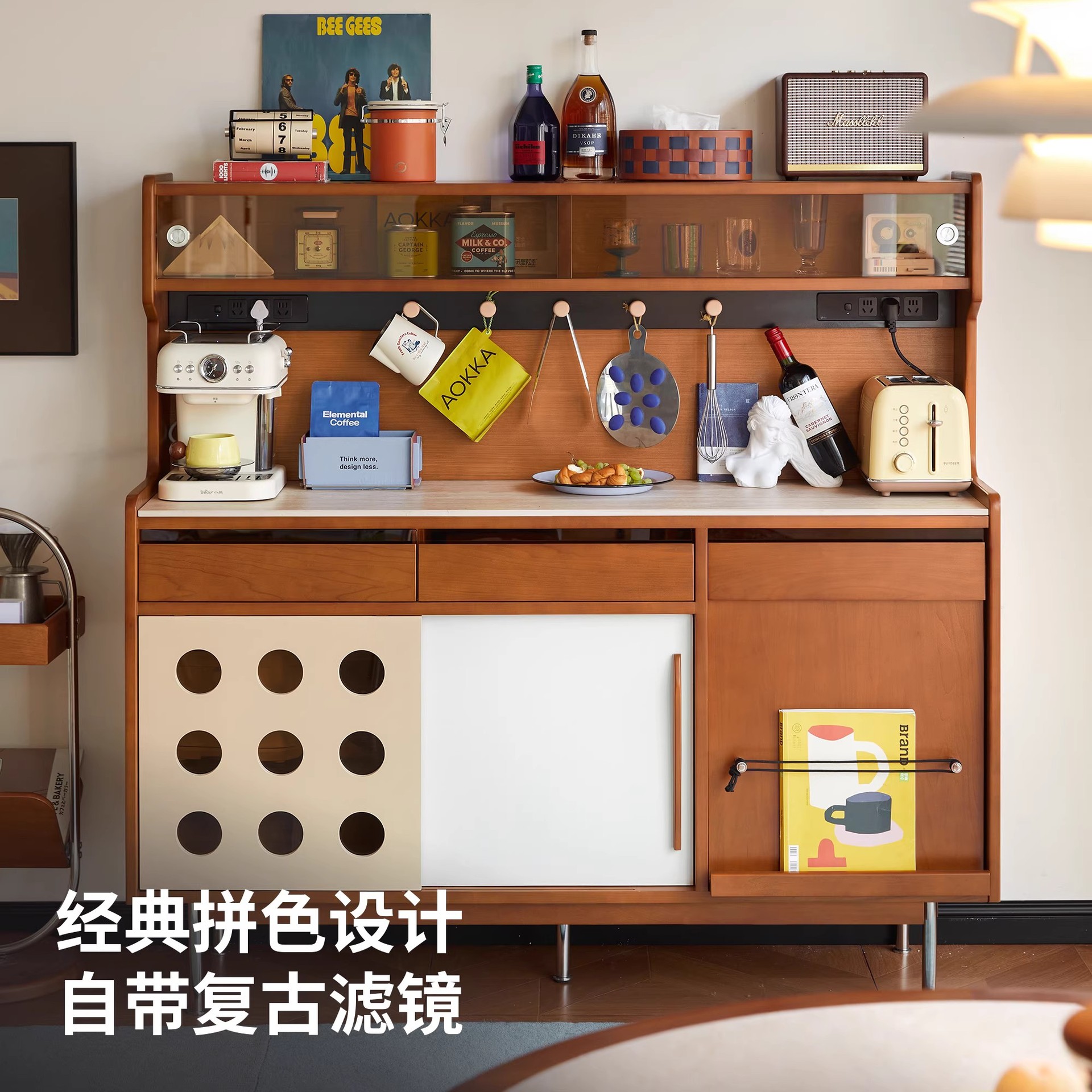 Solid Wood Sideboard, Antique-Style Slate Storage Cabinet, Wall-Mounted Integrated Storage Cabinet, Tea Cabinet, Creative Coffee Cabinet