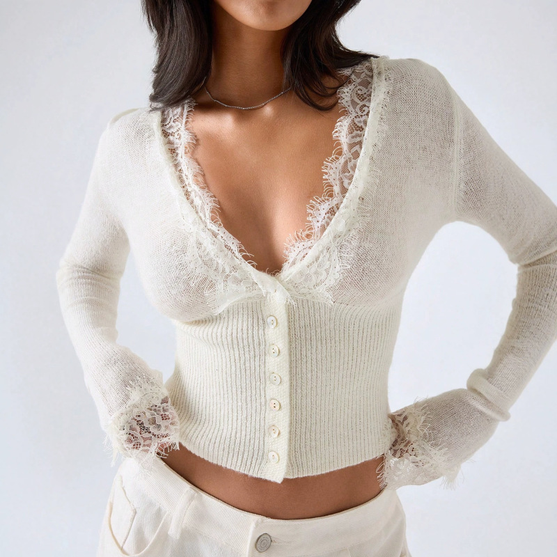Real shot from Europe and America, new autumn 2026 collection, lace elegant textured knit top, French-style slim-fit women's blouse Real shot from Europe and America, new autumn 2026 collection, lace elegant textured knit top, French-style slim-fit women's blouse