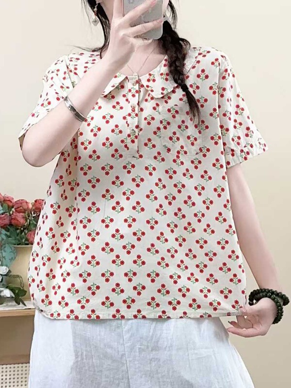 Retro Cherry Print Short-Sleeved Shirt for Women, Doll Collar Loose and Versatile Age-Reducing Top, Summer Pullover Doll Shirt Retro Cherry Print Short-Sleeved Shirt for Women, Doll Collar Loose and Versatile Age-Reducing Top, Summer Pullover Doll Shirt