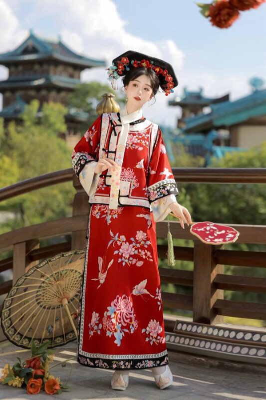 汉服女清代印花古装清朝延吉公主旗袍宫廷格格服两件套旅拍服装女|undefined
