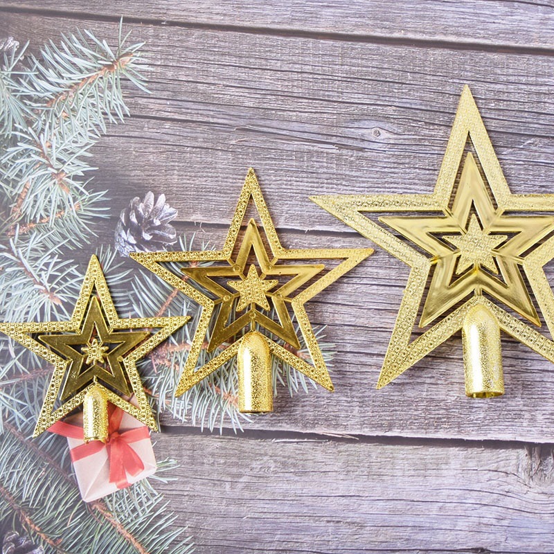 Juego de accesorios de decoración para árbol de Navidad, estrella de cinco puntas electrochapada de 1020 cm, adorno de estrella de Navidad en stock, gorro de Navidad arcoíris.