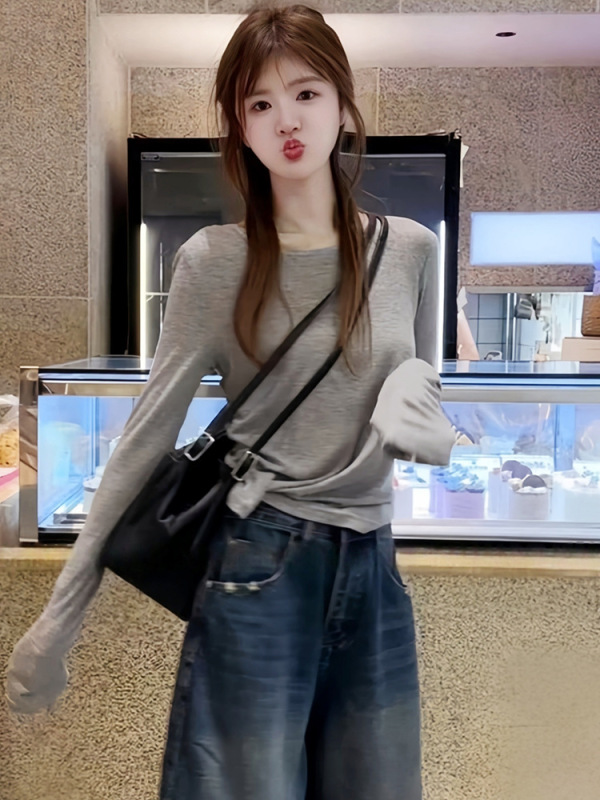 灰色长袖t恤女秋季2025款韩系别致chic小衫巨好看设计感露背上衣|undefined