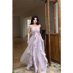 绝美超仙连衣裙春夏季新款设计感抹胸长裙紫色收腰显瘦网纱裙子潮