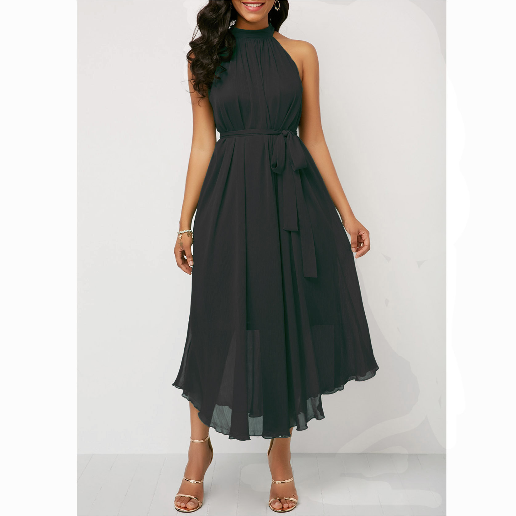 European and American spring and summer halterneck off-shoulder chiffon pleated dress plus size brand women's clothing cross-border supply_senzul.com
