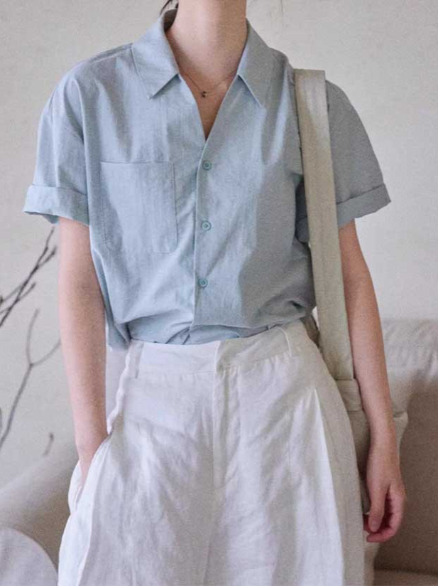Áo sơ mi ngắn tay nữ cổ V phong cách Pháp chất liệu cotton — Áo xanh