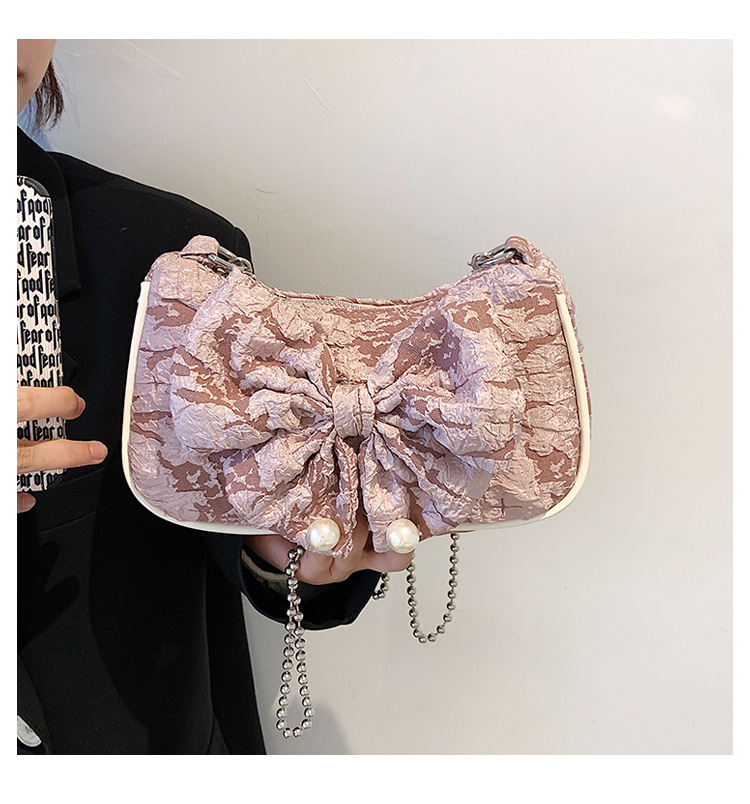 Femmes Toile Couleur Unie Noeud Papillon Plissé Chaîne Fermeture Éclair Sac Bandoulière display picture 5