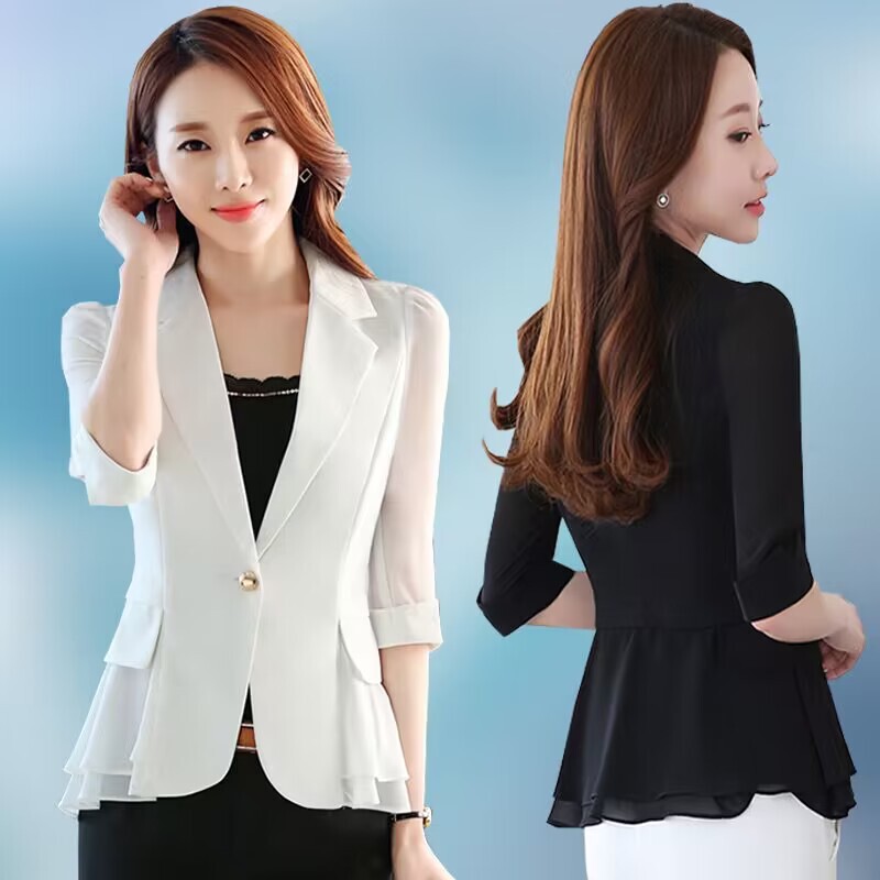 Spring, Autumn and Summer New Style Small Suit Jacket, Short Slim Fit One-Button Three-Quarter Sleeve Ruffled Chiffon Women's Thin Suit