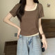 apricot Slim-fit Slimming Fake Two-piece Short-sleeved T-shirt Women's Spring and Summer 2025 New European Design Sense Top Base Shirt