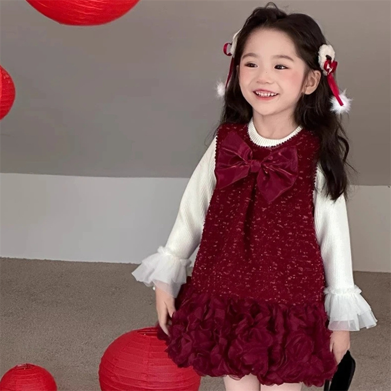 Jubileo vestido de la princesa de las niñas, vestido de aniversario, nuevo chaleco de invierno de mujeres, vestido de lana, vestido de Año Nuevo rojo