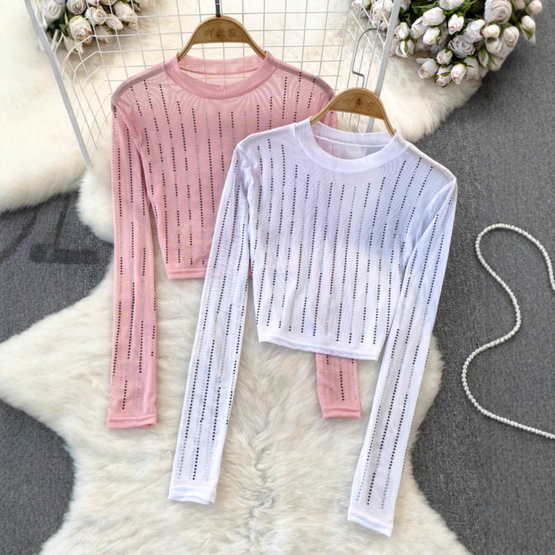 Carefully Selected Sequined Round Neck Short Cut Out Sun Protection Blouse for Women Spring & Fall American Sexy Design Long Sleeves Sweet and Spicy Mesh Carefully Selected Sequined Round Neck Short Cut Out Sun Protection Blouse for Women Spring & Fall American Sexy Design Long Sleeves Sweet and Spicy Mesh