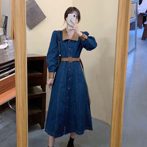Gentle autumn tie and waist pinching dress, large size fat mm, slimming waist waist, long-sleeved shirt, denim skirt, medium and long length