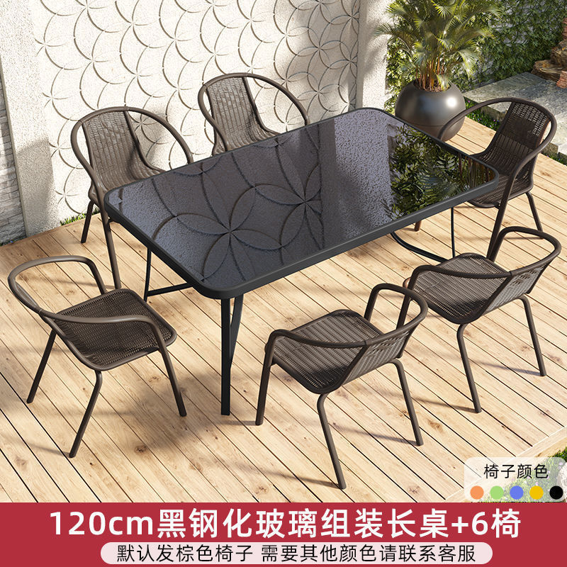120cm 블랙 강화유리 조립식 긴 테이블 + 의자 6개