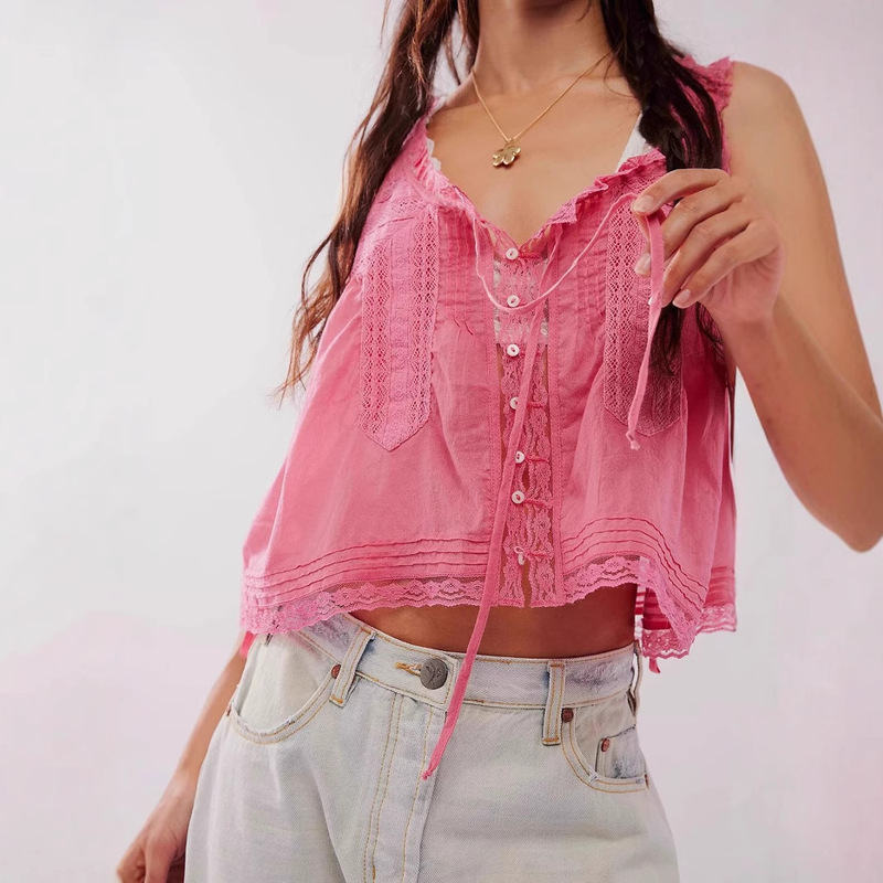 2025 new solid color sweet repair button lace lace stitching body small camisole top all-match