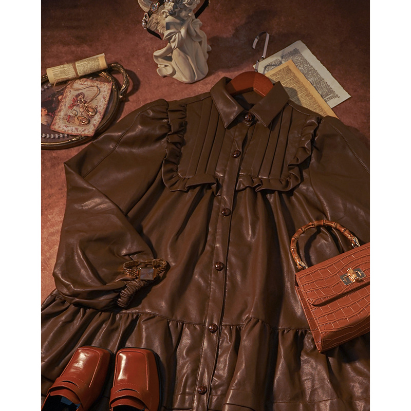 21620 Jinchuan Eleven Dress Autumn and winter Retro vintage vintage brown leather clothing coat new pattern
