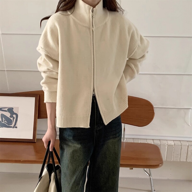 Autumn and Winter New Double Zipper Sweater Coat Women's Thick Korean-style Collar Casual Design Short Knitted Cardigan for Women