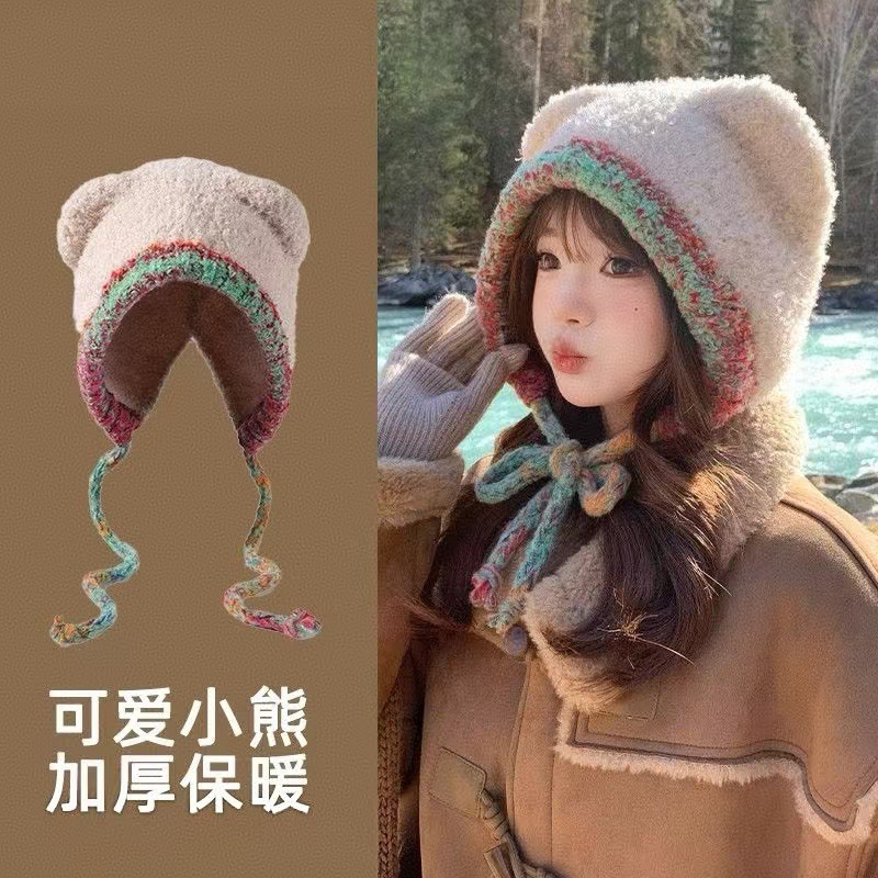 2025新款可爱小熊耳朵针织毛线帽女毛绒帽子秋冬季保暖护耳大头围|undefined