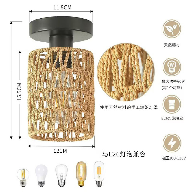 Lámpara de techo tejida a mano de ratán de cuerda de cáñamo de imitación estadounidense B & B Restaurante chino Hotel Inn Bar