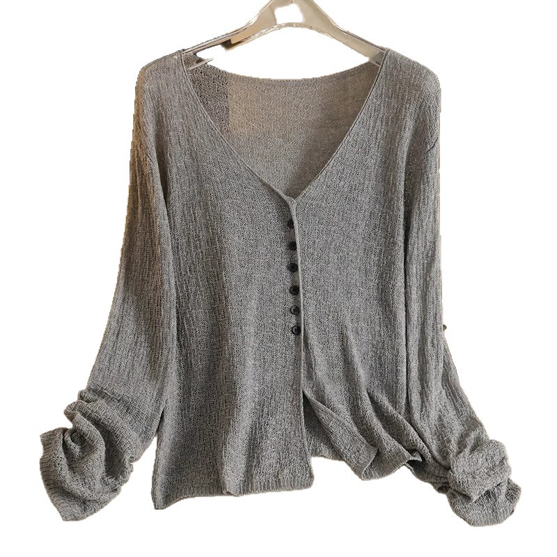 Corea del estilo perezoso viento de cuello V texturas de lino de punto Cardigan de primavera y verano de mujeres agujeros camisetas respirables de protección solar blusa delgada image 6