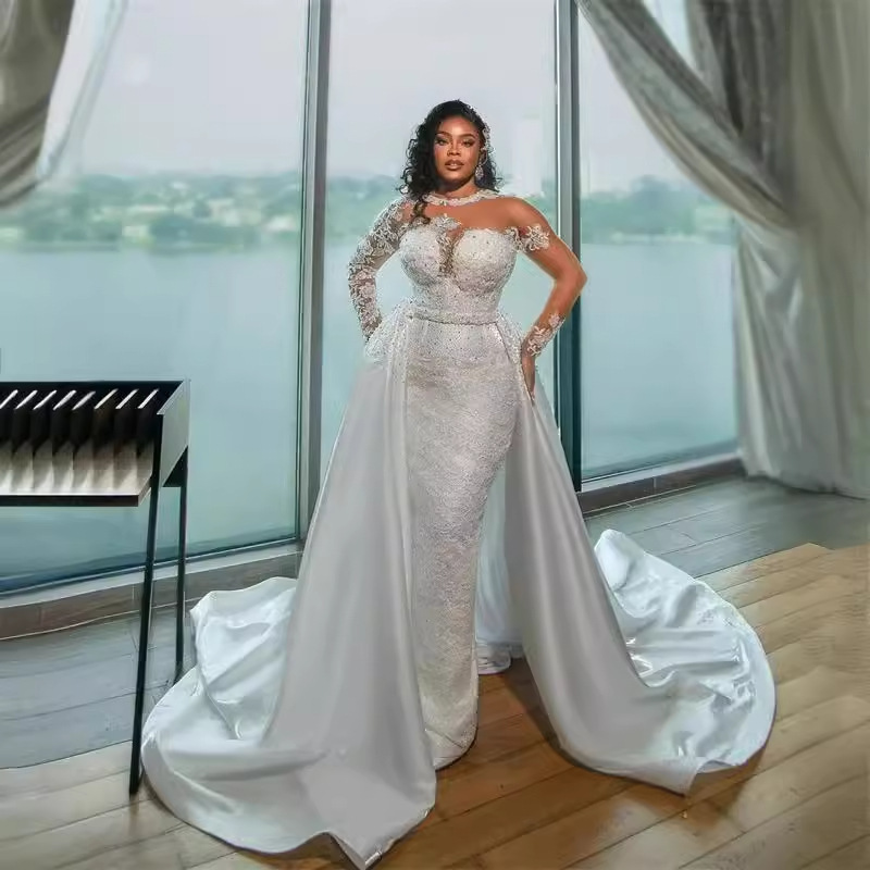 Cross-Border New Satin Bridal Wedding Dress Beaded Long-Sleeved White Lace Wedding Dress Detachable Tail Wedding Dress for Women Cross-Border New Satin Bridal Wedding Dress Beaded Long-Sleeved White Lace Wedding Dress Detachable Tail Wedding Dress for Women