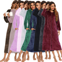 长袖秋冬法兰绒睡袍开衫跨境连帽欧美拉链女男睡袍睡衣情侣装现货