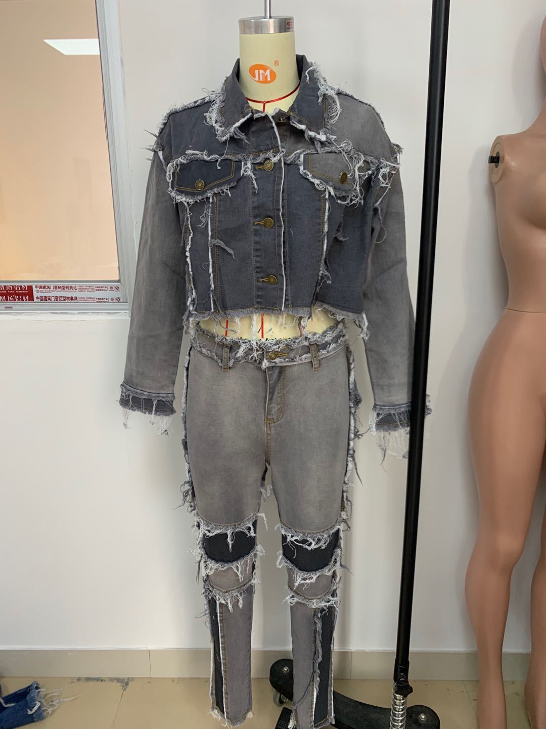 Trendy Women's Denim Jacket & Pants Set With Patchwork Design - Comfortable Polyester Blend For Casual & Office Wear_voghion.com