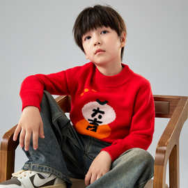 秋冬新款100%纯羊毛衫男童新年红双股加厚针织打底衫儿童宝宝毛衣