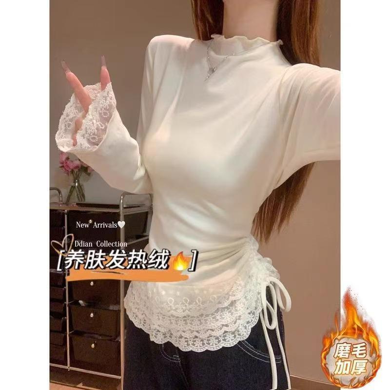 纯欲蕾丝半高领加绒长袖T恤女秋冬内搭修身磨毛边打底衫上衣