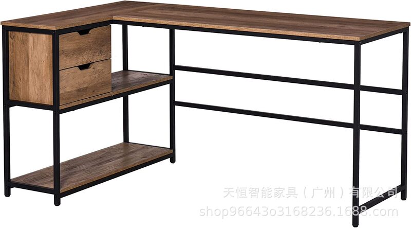 L-Shaped Home Office Computer Desk with Storage Shelf 2 Channels Wide Industrial Steel Frame Customizable