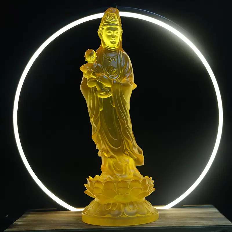 璃锦水琉璃观音佛像家居佛堂供奉摆件琉璃观音菩萨地藏神像琥珀色