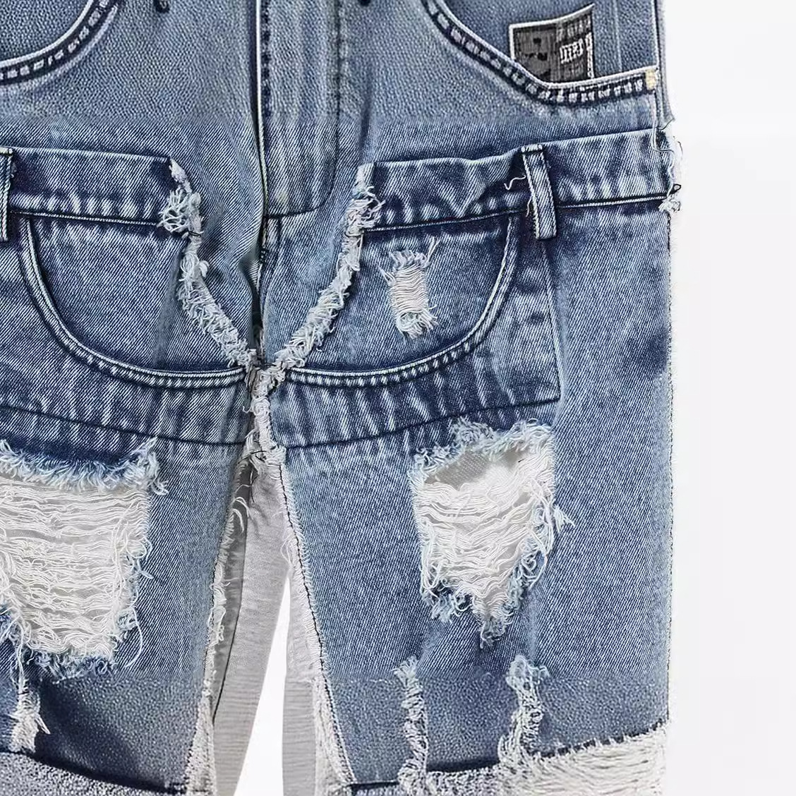 Women's Clothing retro design high waist retro hand distressed patchwork two piece patchwork straight trousers_voghion.com