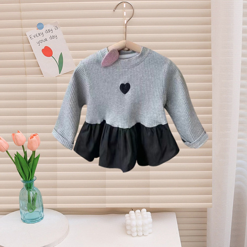 2024 New Spring Base Shirt for Girls, Children's Korean Style Long Sleeve Ribbed Edge Top for Baby Girls, Spring and Autumn Season Doll Shirt