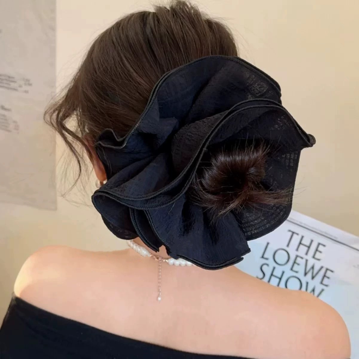 Primavera y verano, esbeltas nubes de color crema francesa de alta calidad, lazo para el cabello grande, cola de caballo, lazo de intestino grueso, tocado, flor para la cabeza