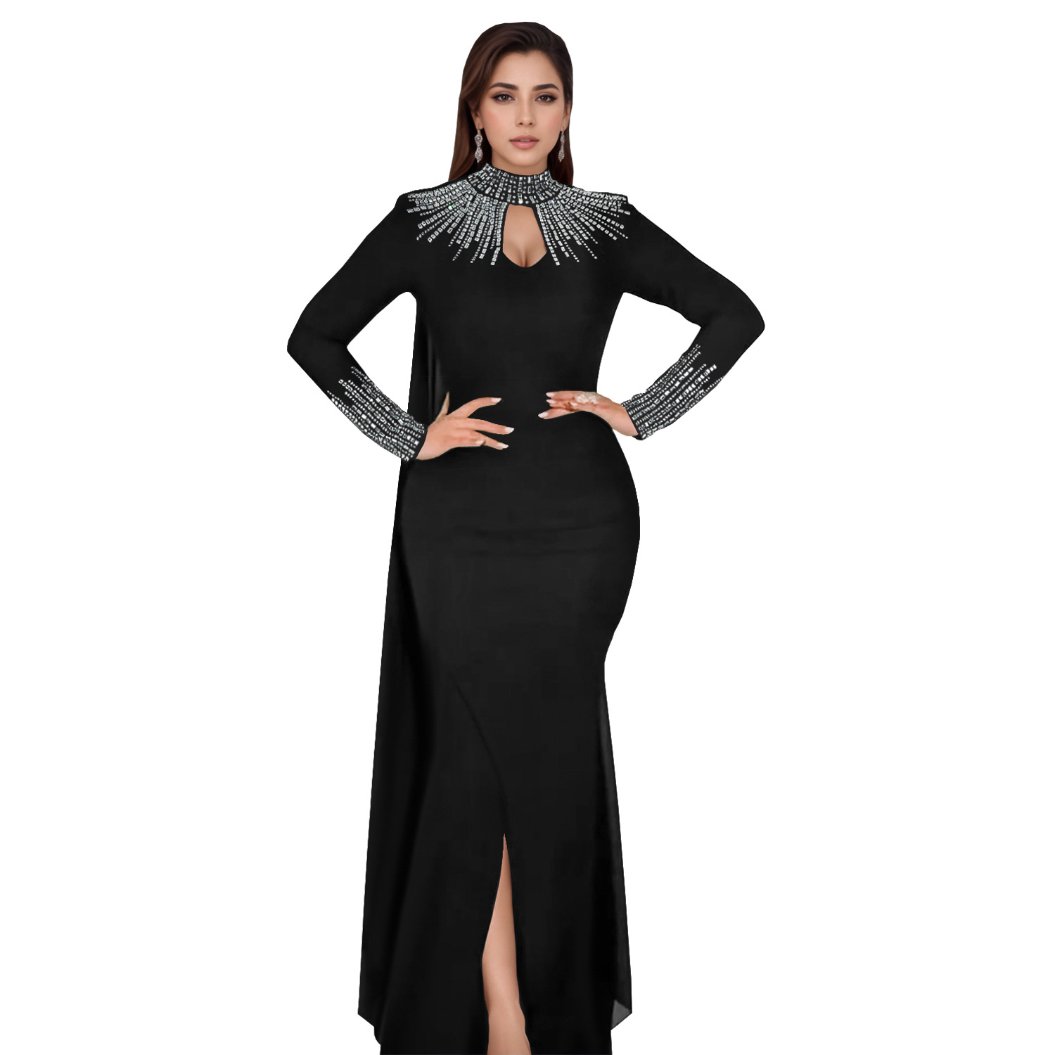 C7381 Cross-border AliExpress Amazon Ropa de mujer de moda europea y americana Elegante perspectiva Vestido ajustado de manga larga de diamantes calientes image 5