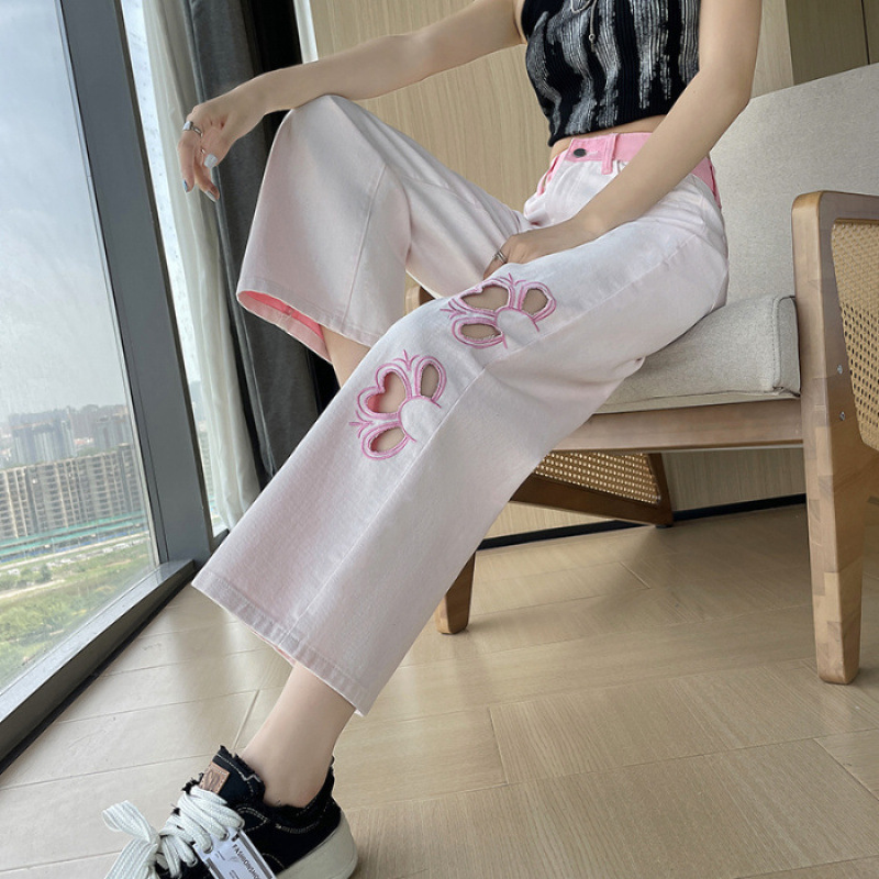 新中国式刺繍の透かし彫りのジーパンの薄いタイプの夏2025新型の高腰はゆったりしていて、やせています。|undefined