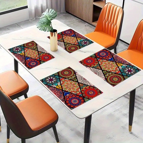Holiday Table Mat Party Gathering Outdoor Insulated Linen Table Mat TEMU 4 Piece Set, Bohemian Man