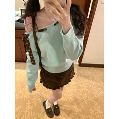 酪梨奶绿 韩系甜美一字肩波点绑带明线装饰上衣木耳花边半裙套装