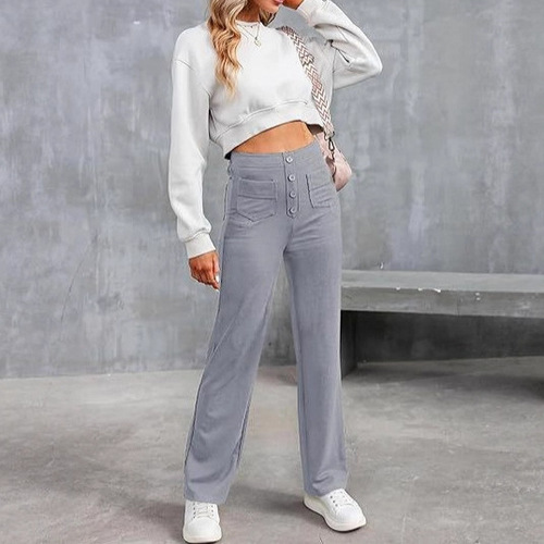 2024 Amazon Europe and America fashion new style women's casual straight leg pants high waist button elastic with multiple pockets 