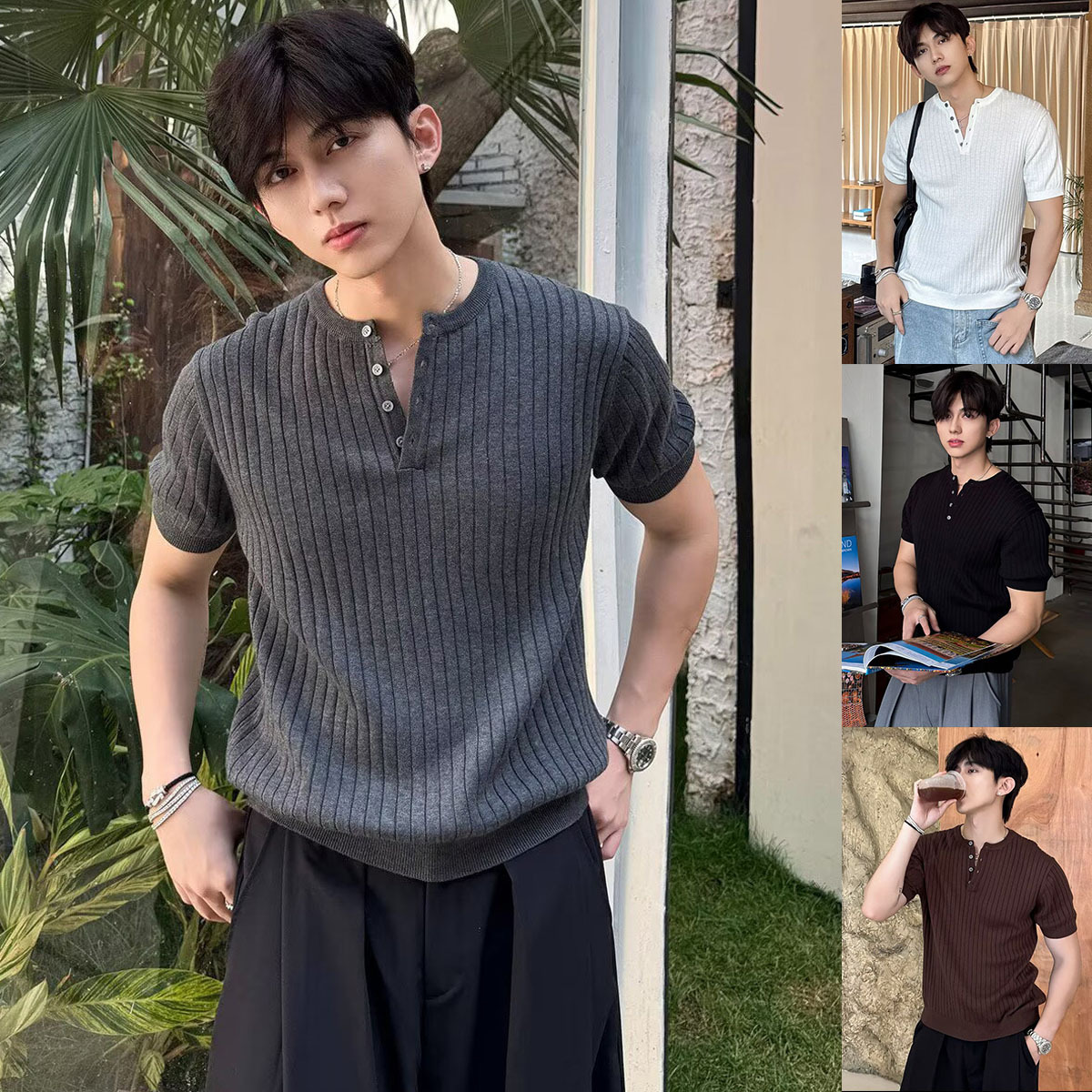 Camiseta de punto de manga corta camiseta hombre Henry cuello medio abierto viejo viento delgado negocio hielo verano fábrica transfronteriza al por mayor