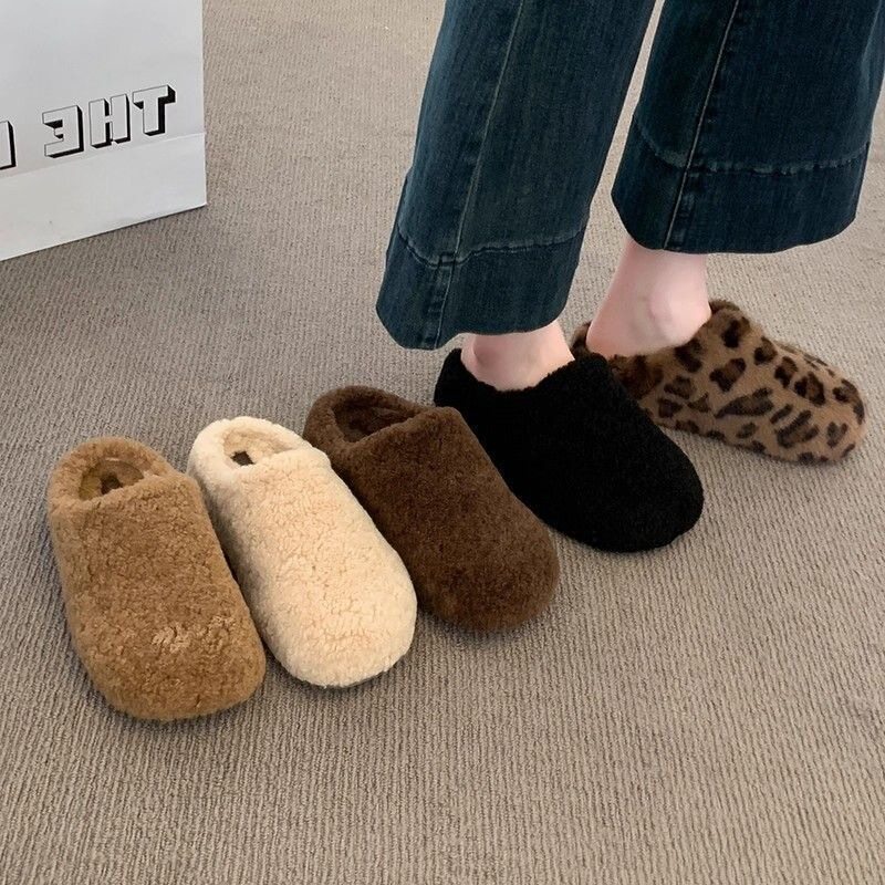 Dép lê nữ bít mũi đế dày lót lông, quai ngang phối nơ, đi trong nhà và ngoài trời — màu nâu, vằn báo, đen