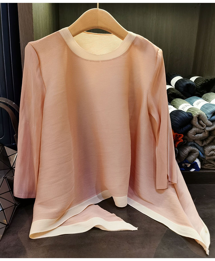 Áo thun nữ cổ tròn tay lỡ phối màu tương phản, dáng rộng xếp ly bất đối xứng — Màu xanh, Màu tím hồng, Màu đỏ hoa hồng, Màu hồng chi tiết 14
